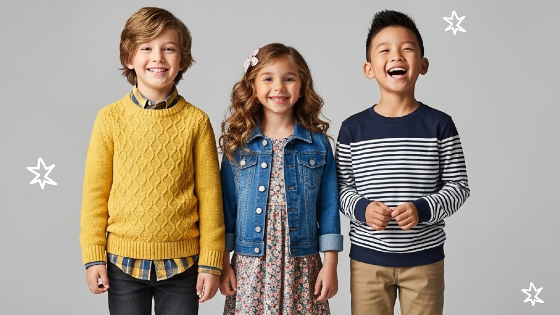Three children wearing colorful clothing on a gray background